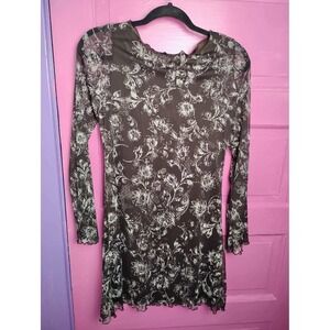 Brown Floral Mesh Whimsigoth Dress with Sheer Bell Sleeves Witchy Fairy Boho S M